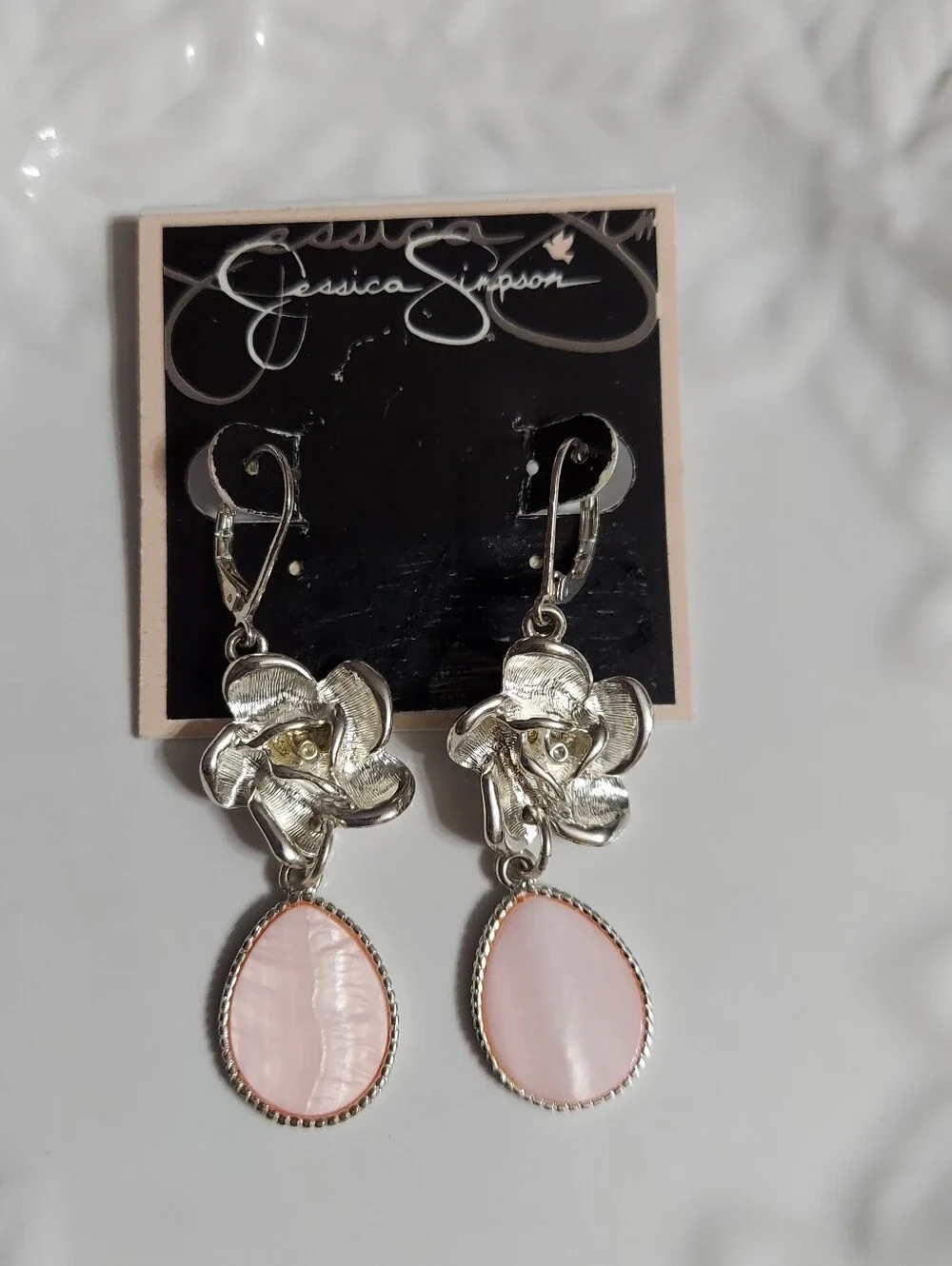 Jessica Simpson/Textured Silver Rose w/Oval Framed Faux Pink Shell Drop Earrings